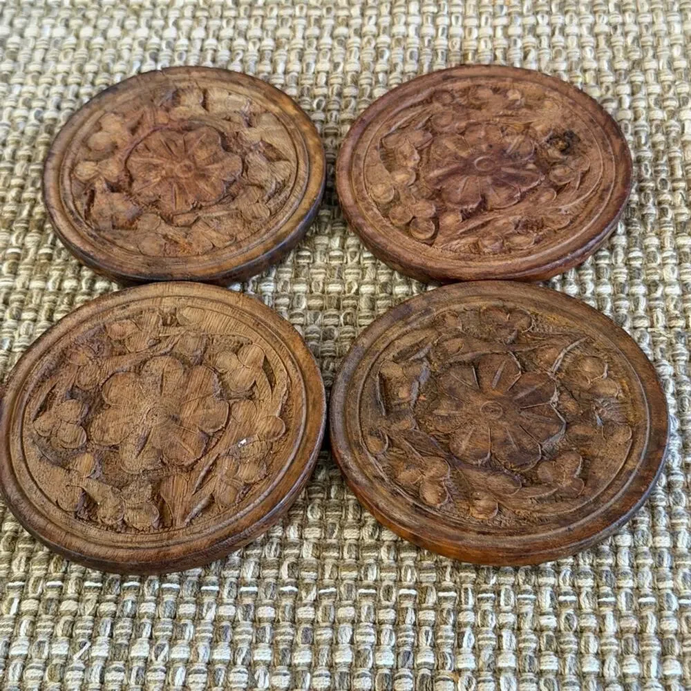 Wood hand carved intricate floral coasters x4